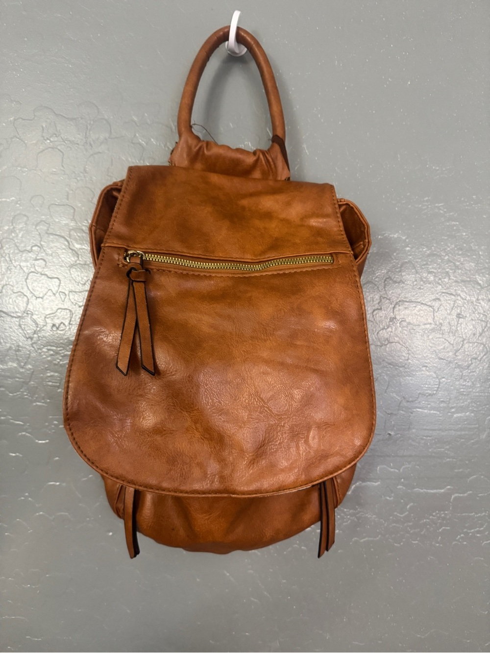 Convertible Brown Faux Leather Backpack with Front Zip